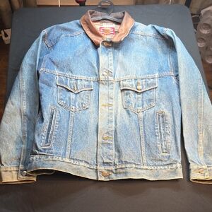Mens Marlboro Denim Jacket with Brown Leathet Collar Size L